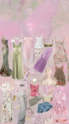 there are many different dresses and shoes on this pink background with butterflies in the sky