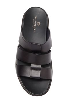 Sleek leather straps elevates a laid-back Italian sandal with a molded footbed for anatomical support. Leather upper and lining/rubber sole Made in Italy Men's Shoes Italian Sandals, Bruno Magli, Mens Leather Sandals, Mens Leather, Mens Sandals, Slide Sandals, Leather Sandals, Rubber Sole, Leather Straps