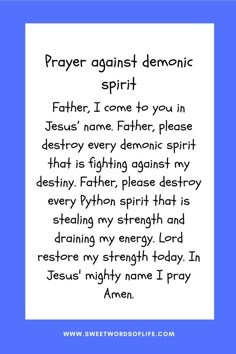 a poem with the words prayer against demonic spirit and an image of jesus's name