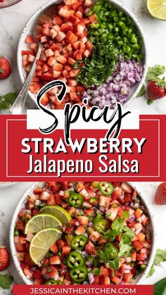 strawberry jalapeno salsa in two bowls with limes and strawberries