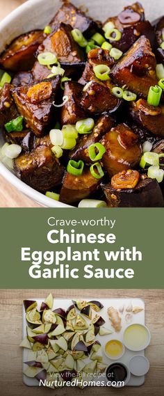 chinese eggplant with garlic sauce in a white bowl on a wooden table next to an advertisement for crave - worthy chinese eggplant with garlic sauce