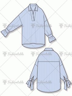 the front and back views of a blue striped shirt with long sleeves, tied at the cuffs