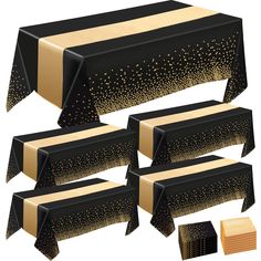 black and gold table cloths with golden dots on them