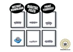 four framed pictures with the words instant digital files in black and white above them is a blue object