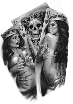 a drawing of two women with tattoos and crowns on their heads, one is holding a skull