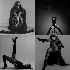 four black and white photos of women in high heels, one with her legs spread out