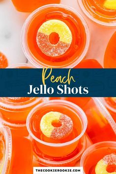 orange jello shots in plastic cups with the words peach jello shots above them