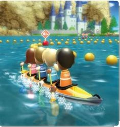 three people in a row boat on the water with yellow balls around them and an orange traffic sign