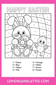 an easter coloring page with the words happy easter on it and a bunny holding a chick