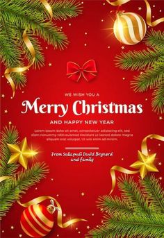 merry christmas and happy new year greeting card with fir tree branches, baubles and bows