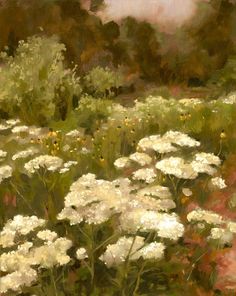 a painting of white flowers in a field