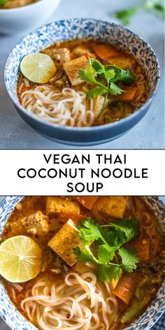 two bowls of vegan thai coconut noodle soup with limes on the side