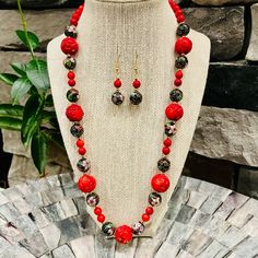 Handmade Necklace And Earrings Set Genuine Bamboo Coral Genuine Chinese Cloisonn Intricate And Detailed Carvings 14k Gold Plated All Vintage Beads Handmade With Love And Blessings Measures Approximately 22” Long Item Nk-58 Red Round Beads Jewelry For Festive Occasions, Festive Red Round Beads Jewelry, Elegant Handmade Red Jewelry, Elegant Red Beaded Jewelry, Red Jewelry Sets With Round Beads For Gift, Elegant Red Beaded Jewelry Set, Red Coral Round Beads For Jewelry Making, Elegant Red Coral Round Bead Jewelry, Elegant Red Coral Jewelry With Gemstone Beads