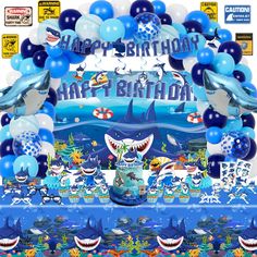 an ocean themed birthday party with shark balloons