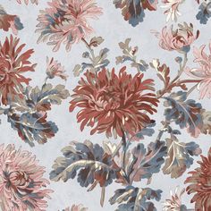 a blue and red floral wallpaper with leaves