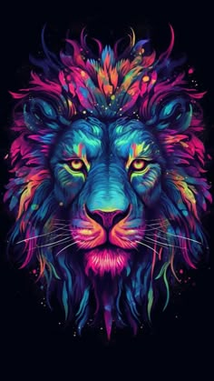 a colorful lion's face on a black background