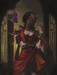 a woman dressed in red and holding a skull