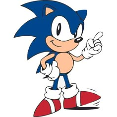 sonic the hedge is pointing at something with one hand and his thumb up in the air