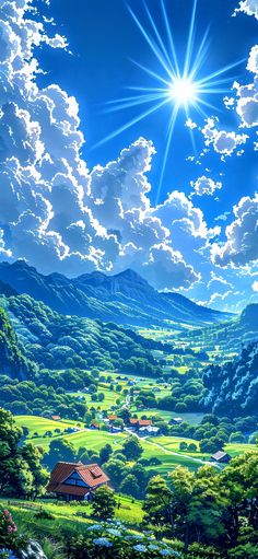 the sun shines brightly over a green valley