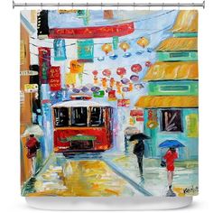 a painting of people walking down the street in the rain with an umbrella shower curtain