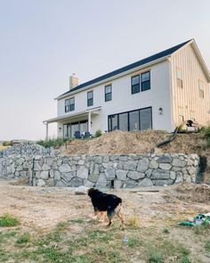 a black and brown dog standing in front of a white house on top of a hill