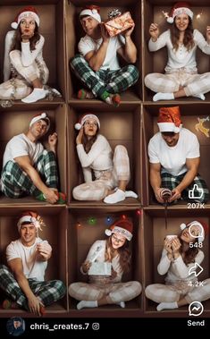 a group of people sitting in boxes with christmas decorations on their heads and clothes around them