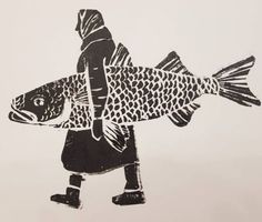 a drawing of a man walking with a fish on his back