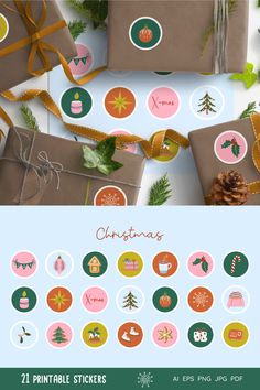 christmas stickers with presents on them and pine cones, firs, holly leaves