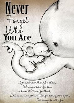 a drawing of a baby and an elephant with the words never forget who you are