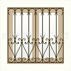 an iron gate with decorative designs on the top and bottom, in front of a white background