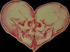 a drawing of two skulls in the shape of a heart with one skull facing each other