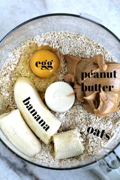 an egg and peanut butter in a blender with oats, banana slices and other ingredients