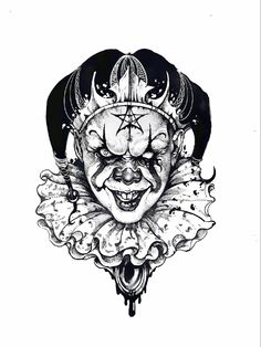 an ink drawing of a clown's face