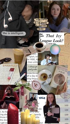 the collage has many different pictures and words on it, including an image of a woman sitting at a table