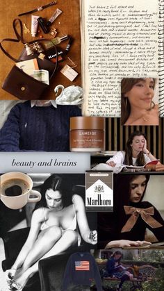 the collage has many different pictures and words on it, including an image of a woman