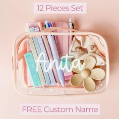 Custom Back to School Gift Idea for College Girl Custom Name Pencil Case Set for Student Personalized School Supplies for High School Girl 𝐃𝐄𝐓𝐀𝐈𝐋𝐒 💓 1 Plastic Pouch + Name in white vinyl, size 7.5"X4.8"X2.3" / 19x12.1x5.8cm 💓 1 A6 Notebook + Black Pen 💓 1 4-in-1 fine point pen 💓 1 Mechanical Pencil 0.5 or 0.7mm 💓 1 Lead refill in a case 0.5 or 0.7mm 💓 1 Eraser (Different Colors) 💓 3 Highlighters 💓 1 Flower Hair Clip (Different Colors) 💓 1 Scrunchie (Different Colors) 💓 FREE pers School Supplies For High School, Supplies For High School, Customized School Supplies, School Party Favors, Personalized School Supplies, A6 Notebook, Fine Point Pens, Back To School Party, Plastic Pouch