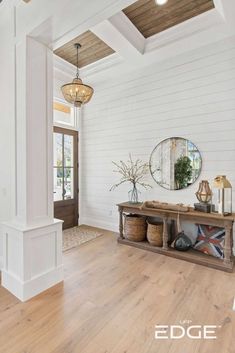 Before and after images of a modern farmhouse entryway foyer with Charred Wood shiplap ceiling inlays and Timeless shiplap walls. Nickel Gap Shiplap, Shiplap Room, Shiplap Living Room, Nickel Gap, Shiplap Ceiling, White Shiplap Wall, White Shiplap, Ship Lap Walls, House Inspo