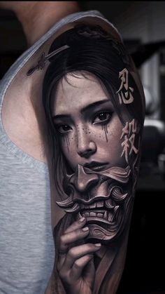 Japanese Tattoo Art Realism, Japanese Tattoo Realism, Geisha Arm Tattoo, Geisha Hannya Tattoo, Tattoo Realis, Oni Samurai Tattoo, Samurai Art Tattoo, Black Japanese Tattoo, Japanese Realism Tattoo