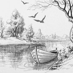 a pencil drawing of a boat in the water with birds flying around it and trees