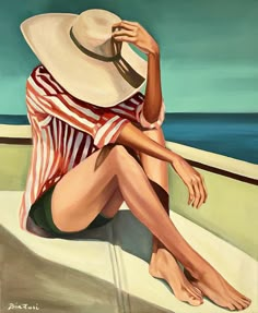 a painting of a woman wearing a hat sitting on the beach next to the ocean