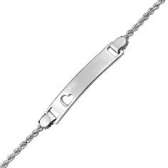 7 inch silver rope chain heart id bracelet. Engravable Plate Dimensions: Approximately 3-mm x 5mm Silver Rope Chain, Chain Heart, Id Bracelets, Engraved Gifts, 925 Jewelry, Rope Chain, Chain Lengths, Types Of Metal, Metallic Silver