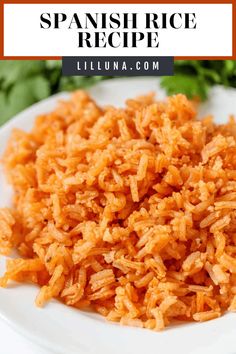 spanish rice on a white plate with parsley in the background and text overlay