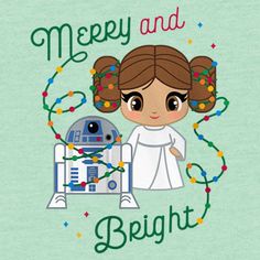 a star wars shirt with a girl and r2d2 in the background that says merry and bright