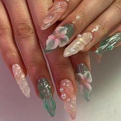 Gelxnails / acrylic nails | freestyle set with 3D flowers 🌸 #gelxnails | Instagram Vietnamese Nail Art, Belize Nails, Street Wear Nails, Sculpting Gel Nails, Beach Nails Vacation Ocean, Nails Freestyle, Summertime Nails, Abs Aesthetic, Water Nail Art