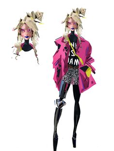 a drawing of a woman in a pink coat and black pants with her hair pulled back