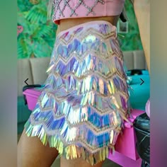 Cloud Ten Pink Iridescent Fringe Mini Skirt. Size M, Runs A Little Tight. Zipper Closure, No Stretch. Roller Derby Costume, Rave Wedding, Blush Tulle Skirt, Iridescent Decor, Scifi Fashion, Blush Outfit, Fringe Mini Skirt, Black Satin Skirt, Room Interior Ideas