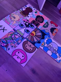 the floor is covered in many different cartoon characters on it's sides and there are also stickers