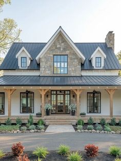 Barndominium Visions Barndominium With Stone Accent, French Farmhouse Barndominium, Stable Style House, Light Colored Barndominium, Barndominium With Rock Exterior, Farmhouse Dormers Exterior, Barndominium Cottage Style, Smaller Barndominium, Dream Farm Homes