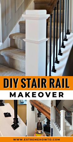 stairs and railings with the words diy stair rail makeover