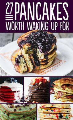 a stack of pancakes with blueberry sauce on top